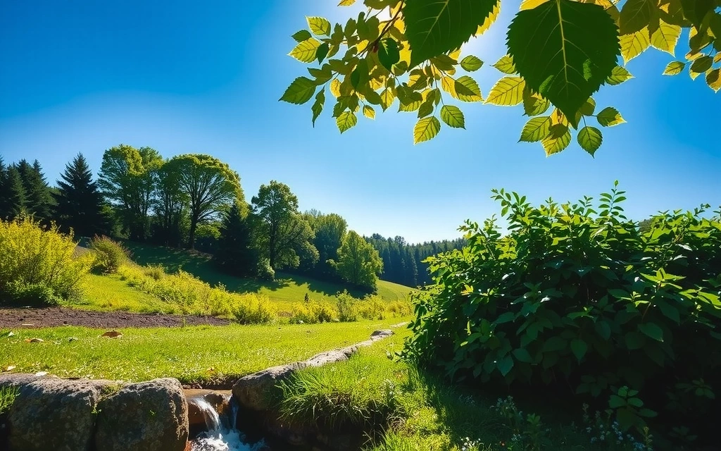 Serene natural landscape with vibrant green foliage and clear blue sky, symbolizing health and vitality.