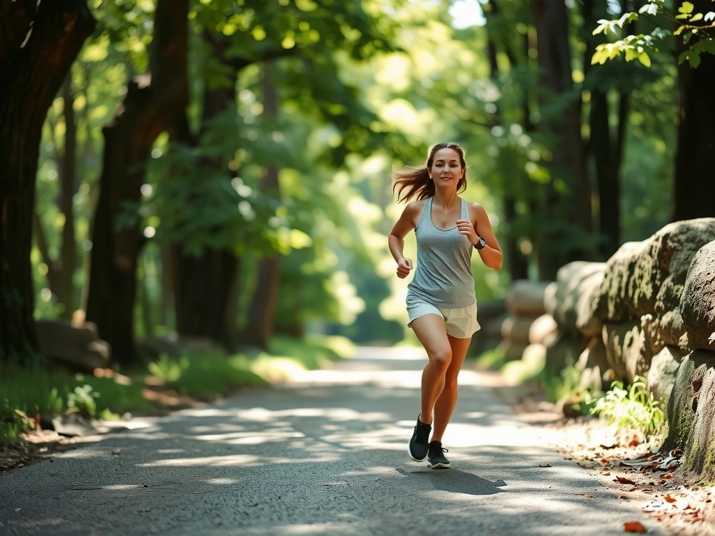 Mujer corriendo al aire libre en un sendero forestal, simbolizando la actividad física y la vitalidad.