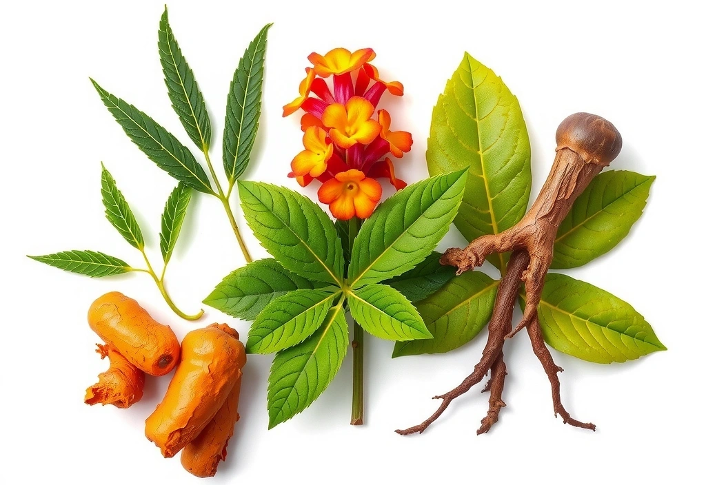 Ilustración vibrante de diversas hierbas medicinales y plantas como cúrcuma, ginkgo y rodhiola