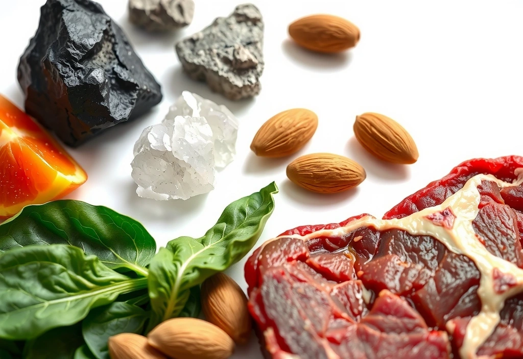 Imagen de varios minerales y alimentos ricos en nutrientes como espinacas, almendras y carne roja