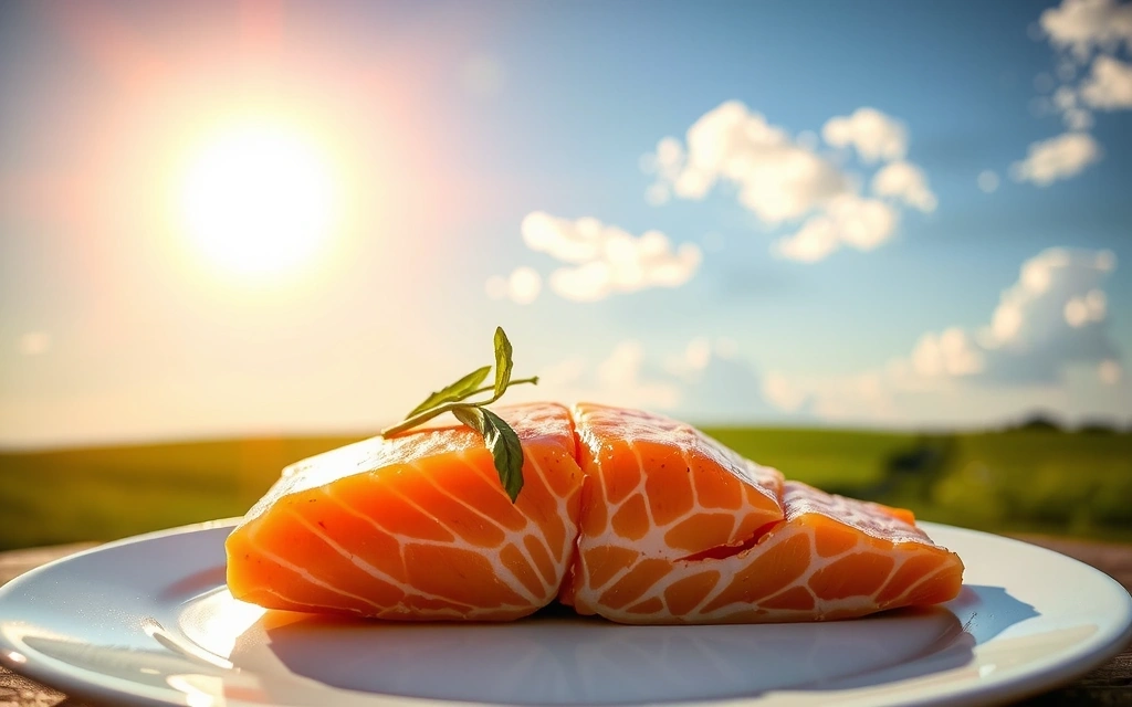 Un paisaje soleado con un cielo azul brillante y un plato de salmón fresco con hierbas, simbolizando las dos principales fuentes de Vitamina D: el sol y los pescados grasos.