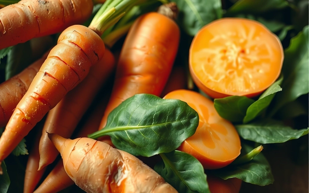 Una composición visual de zanahorias frescas, batatas y espinacas, destacando los colores vibrantes y la frescura de estos alimentos ricos en Vitamina A.